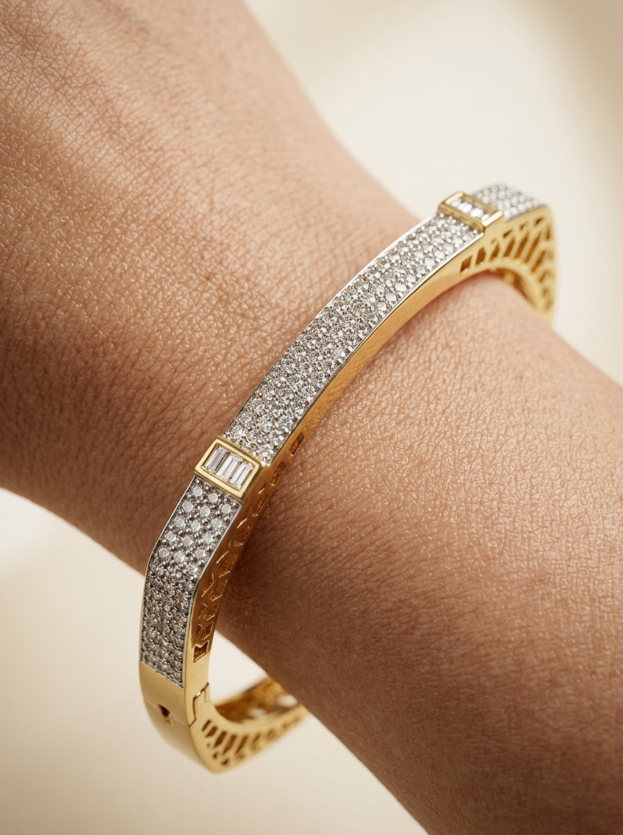 Opulent Diamond Bangle | Wide Profile | Gold Plated
