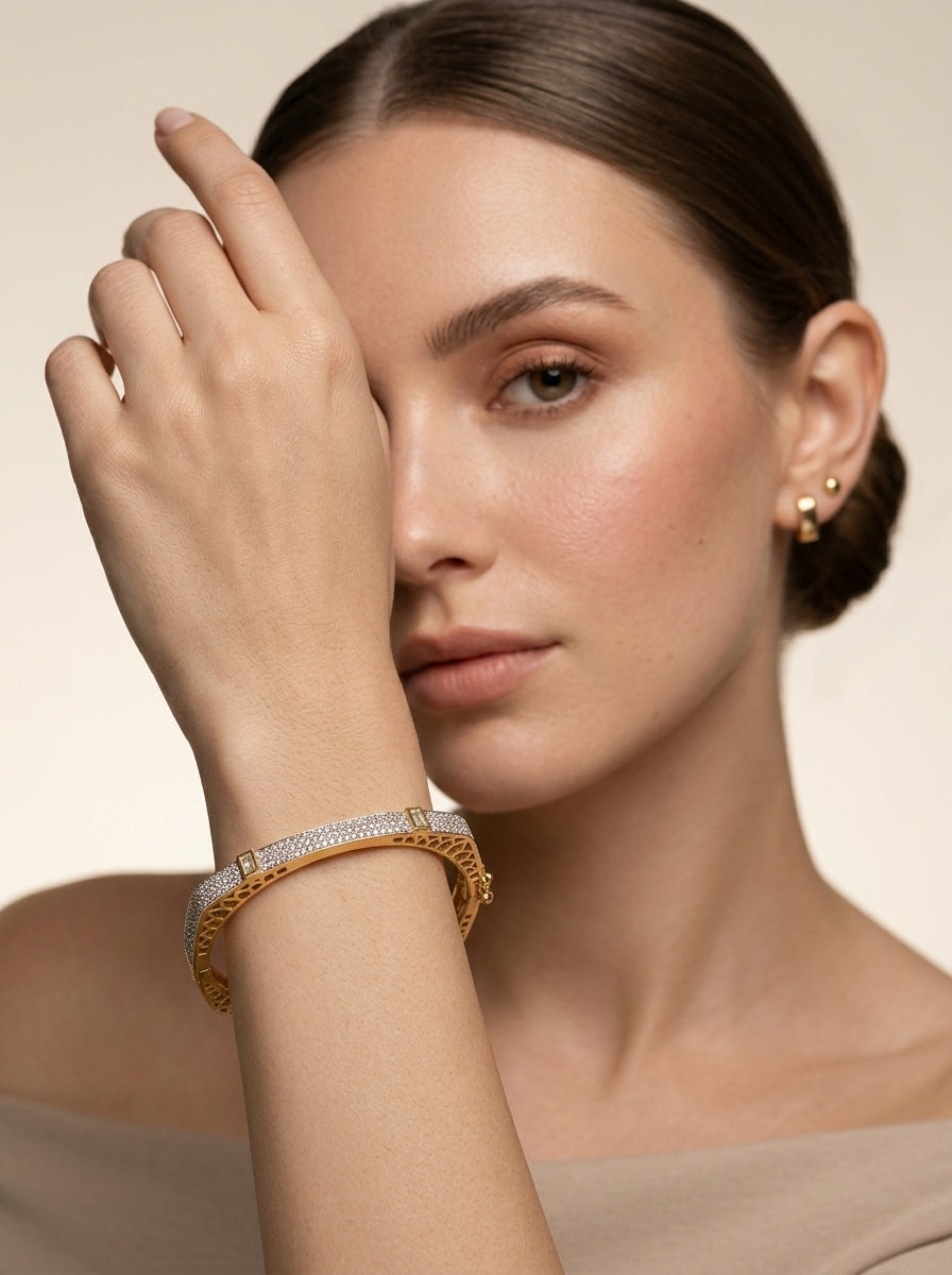 Opulent Diamond Bangle | Wide Profile | Gold Plated