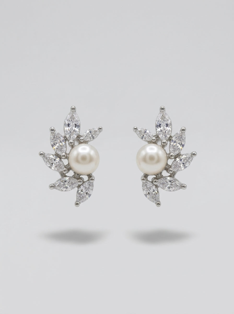 Pearl Elegance Studs | Pearl & Diamond | Silver Plated