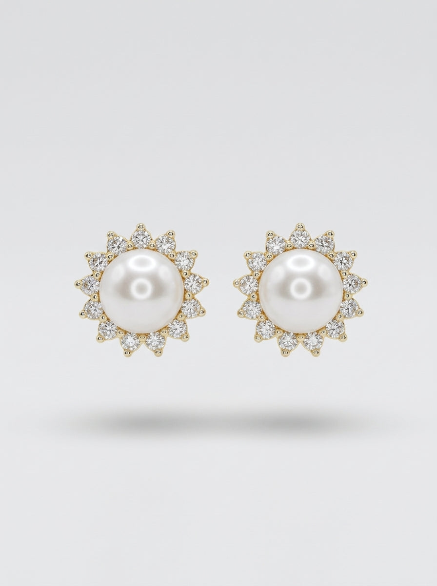 Petite Pearl Elegance Studs | Diamond & Pearl | Gold Plated
