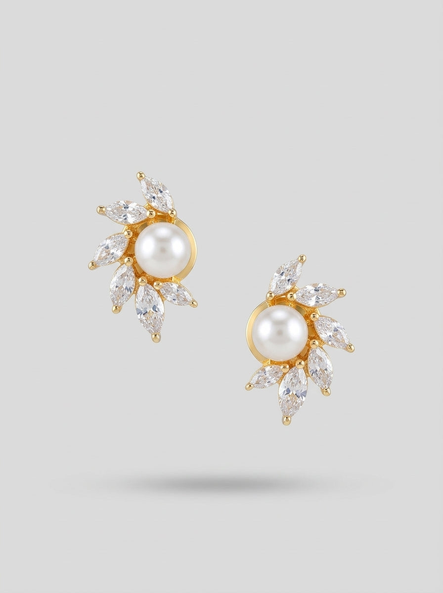 Oval Pearl Drop Studs | Diamond & Pearl | Gold Plated