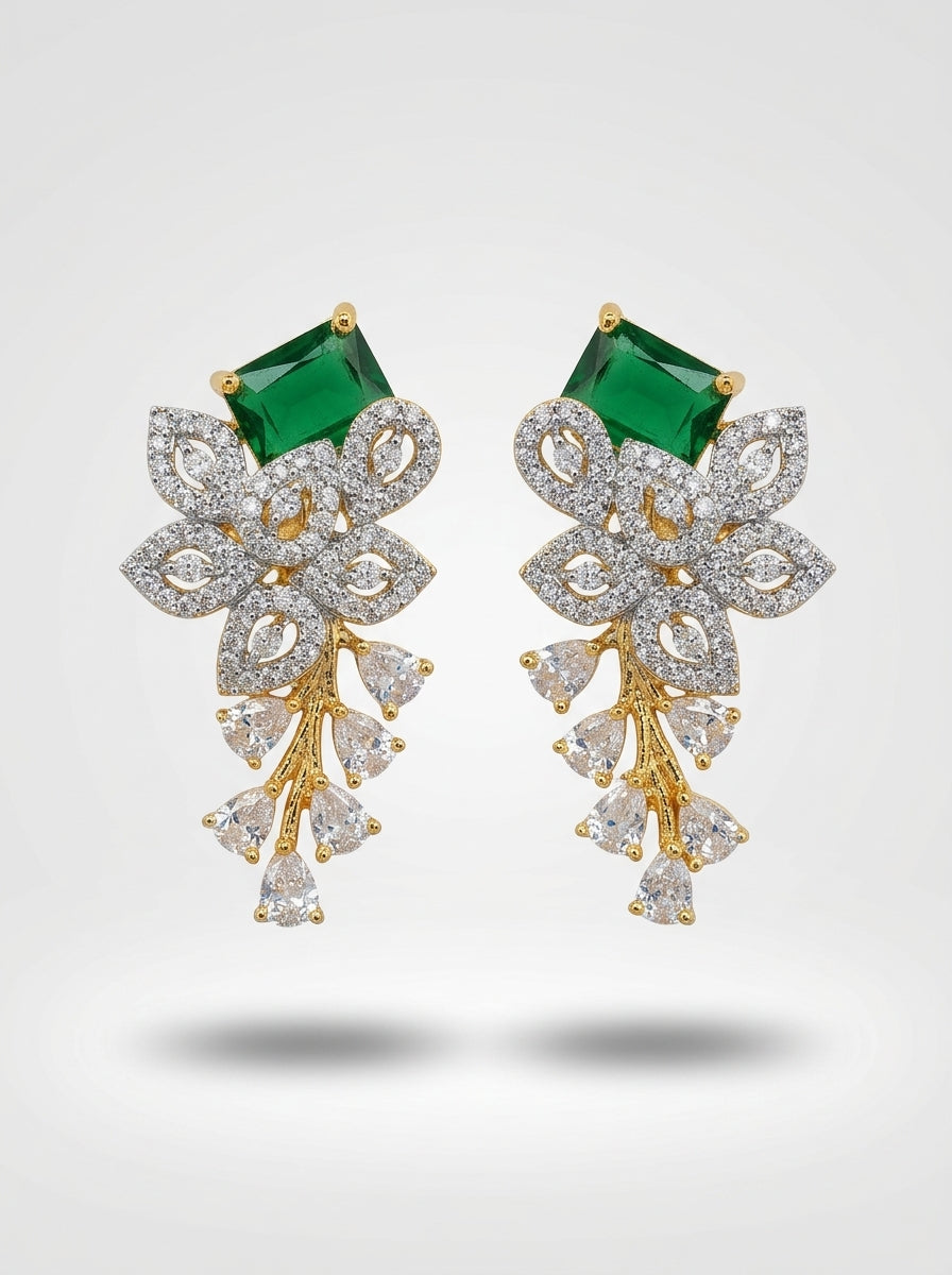 Emerald Garden Studs | Green Stone & Diamond | Gold Plated
