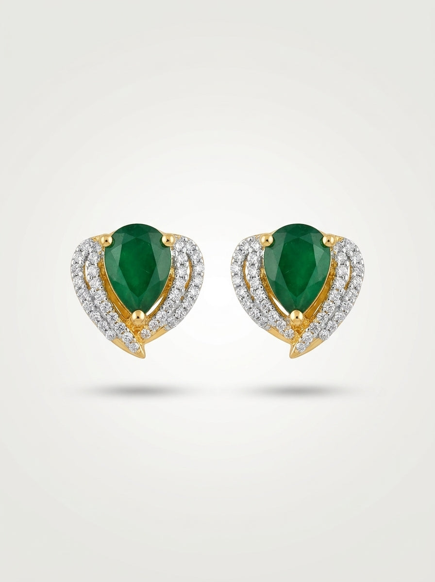 Emerald Petite Studs | Green Stone & Diamond | Gold Plated