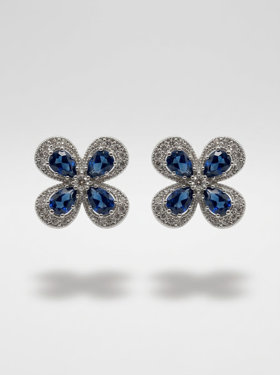 Sapphire Elegance Studs | Blue Stone & Diamond | Silver Plated