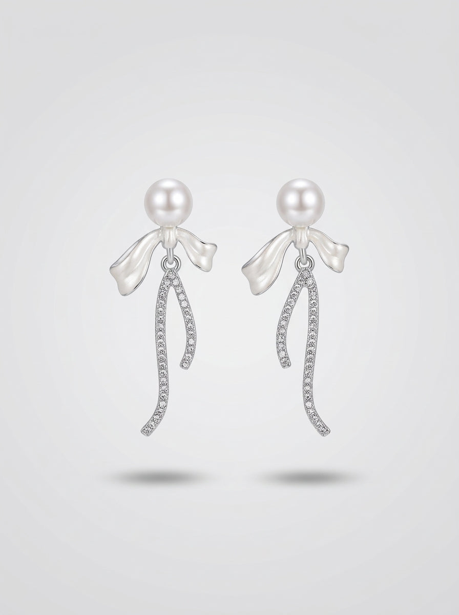Cascading Pearl Earrings | Pearl & Diamond | Silver Plated