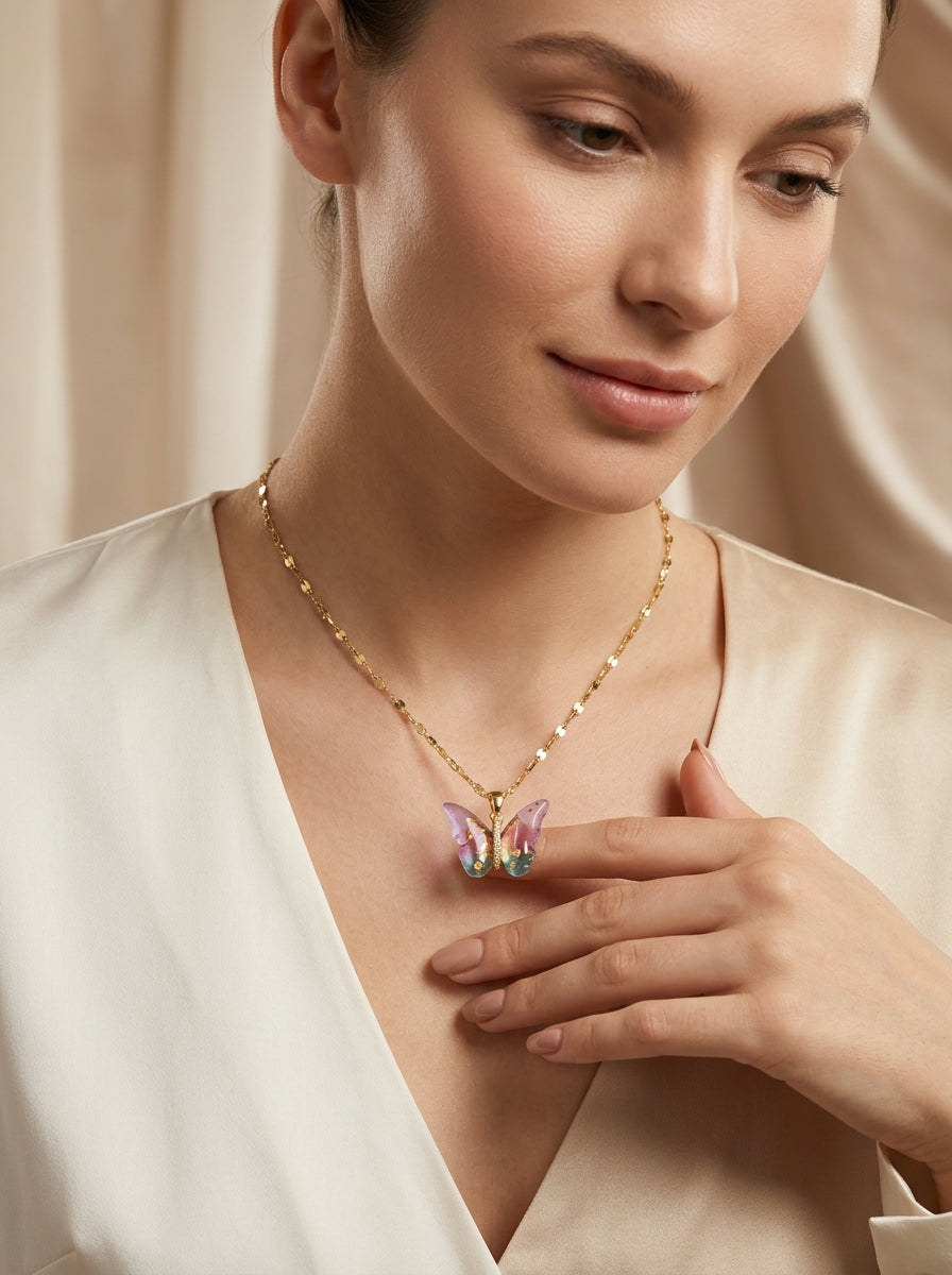 Radiant Butterfly Pendant Necklace | Colored Stone Studded | Adjustable Chain