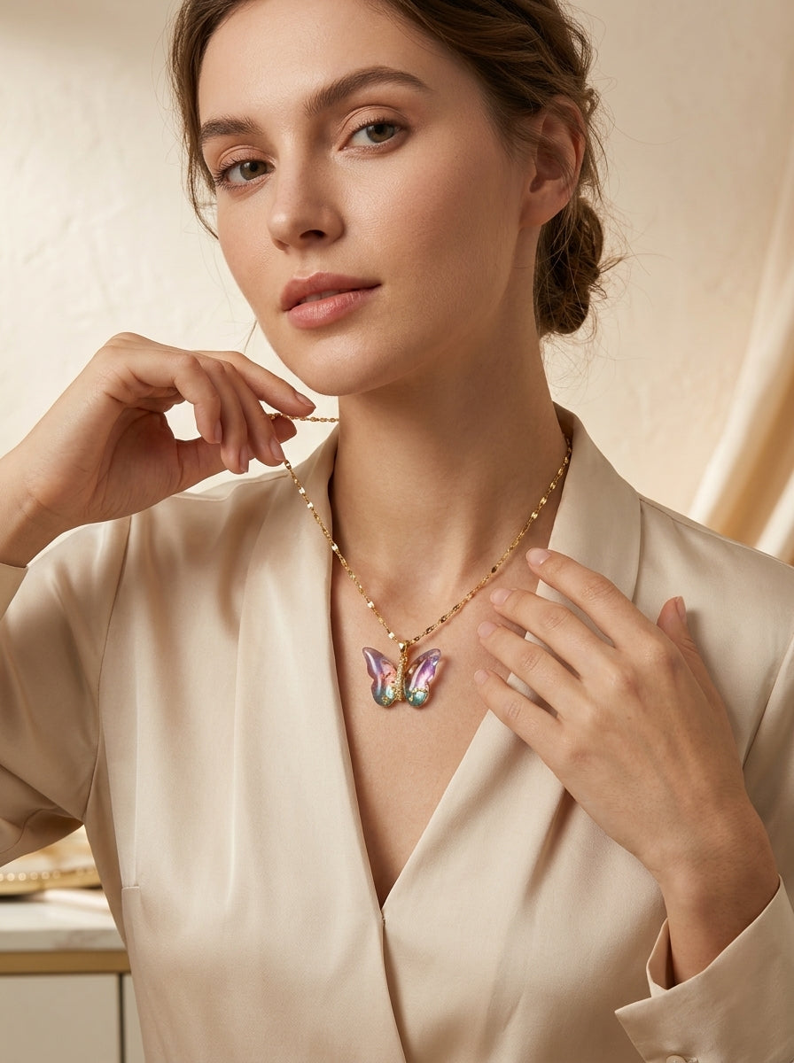 Radiant Butterfly Pendant Necklace | Colored Stone Studded | Adjustable Chain