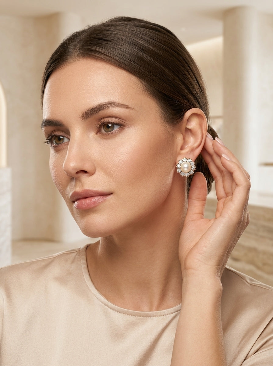Celestial Pearl Drop Earrings | Diamond & Pearl Studded | Gold Plated
