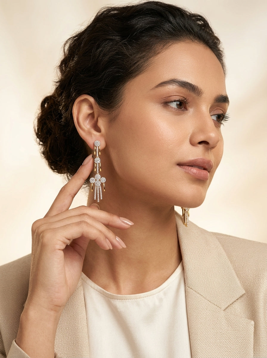 Cascade Elegance Earrings | Diamond Studded | Gold Plated Danglers