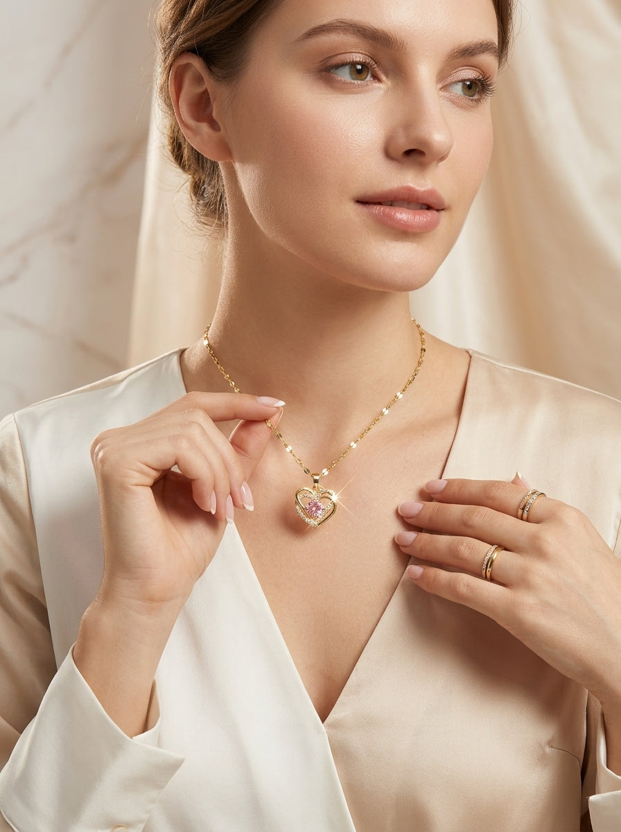 Blush Heartstone Pendant | Diamond Studded | Adjustable Gold Chain