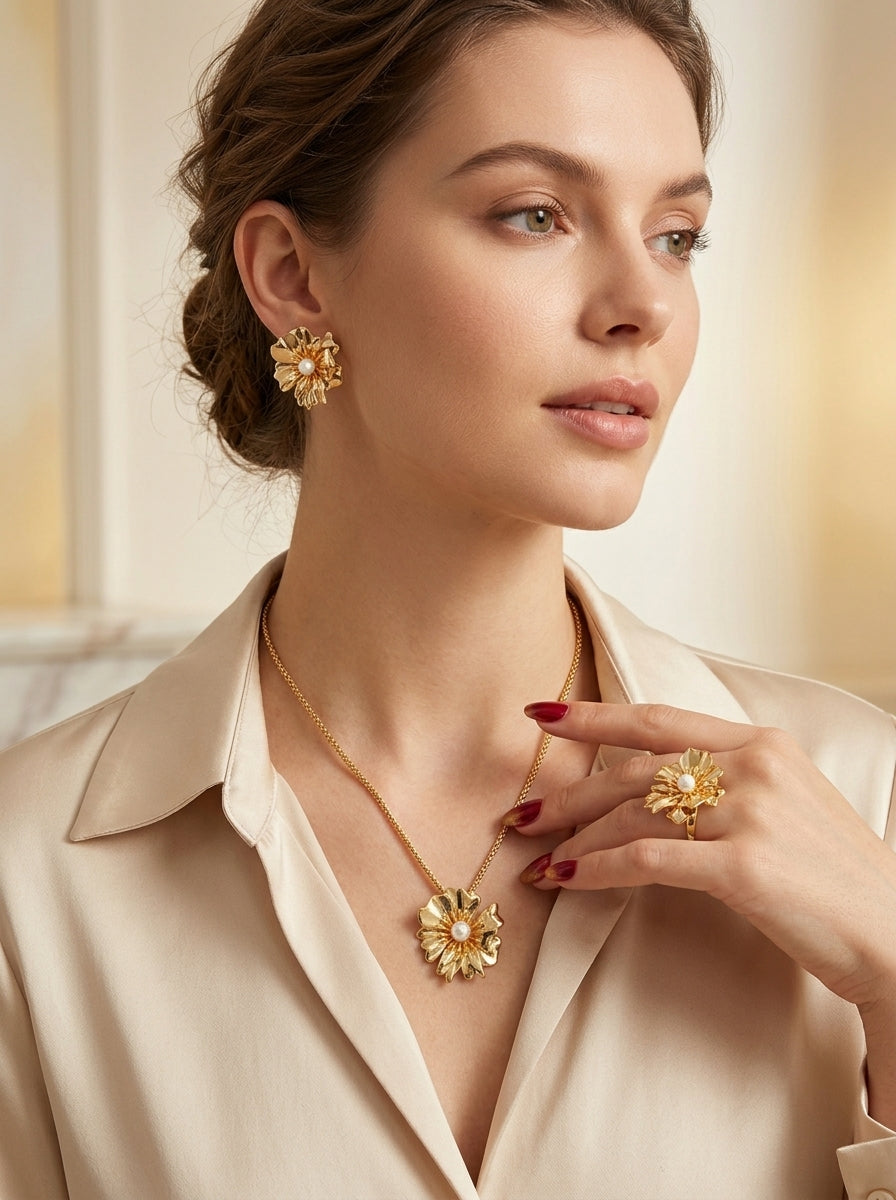 Blooming Beauty Complete Set | Earrings, Ring & Pendant | Gold Plated