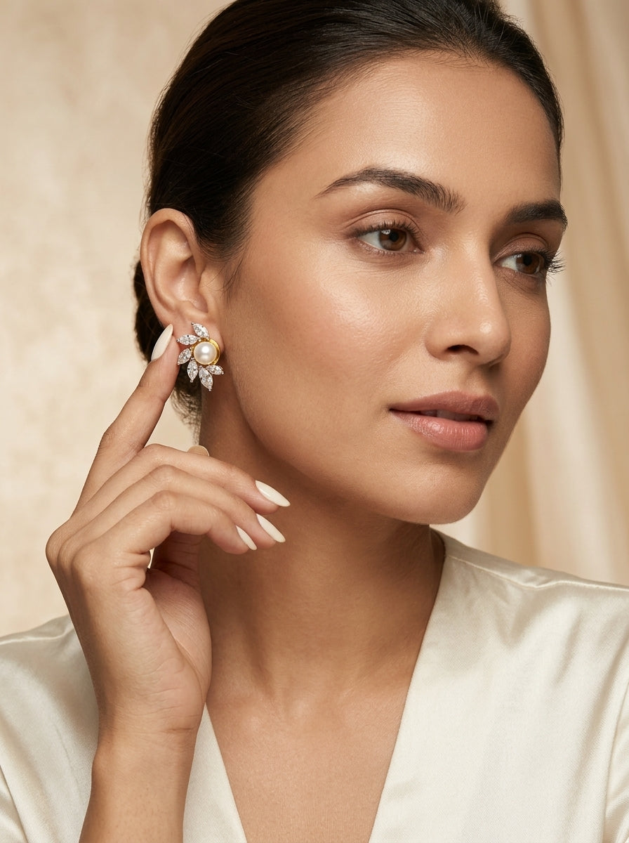 Oval Pearl Drop Studs | Diamond & Pearl | Gold Plated