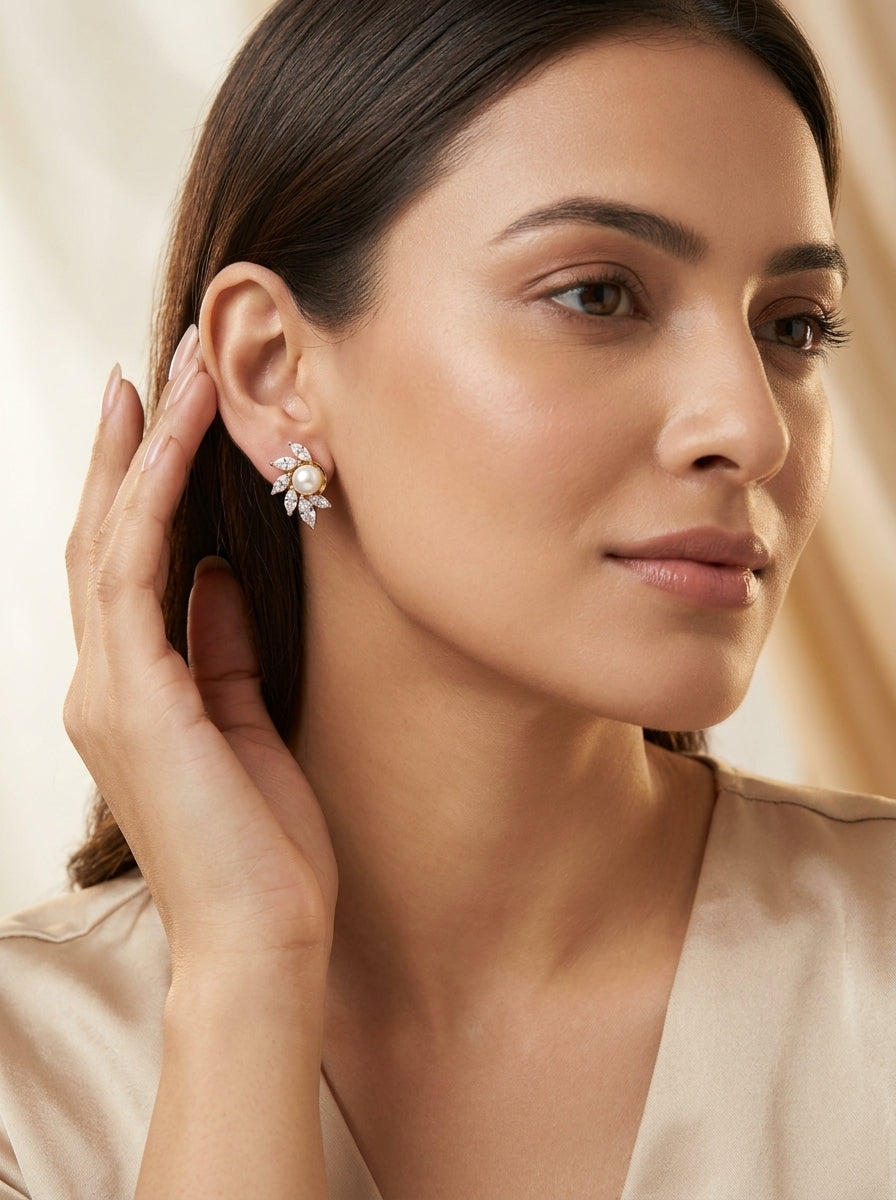 Oval Pearl Drop Studs | Diamond & Pearl | Gold Plated