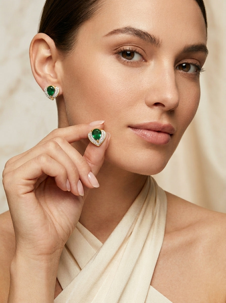Emerald Petite Studs | Green Stone & Diamond | Gold Plated
