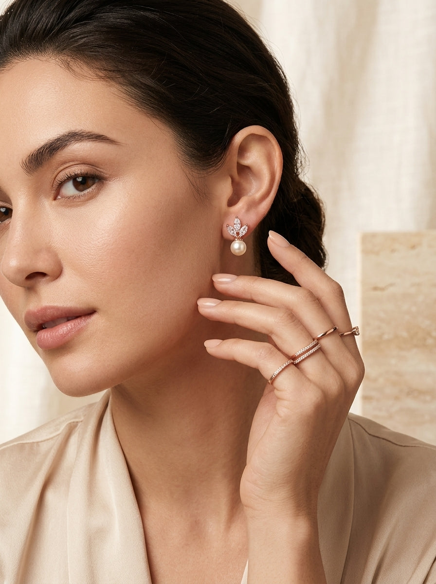 Pearl Dew Drop Earrings | Rose Gold Plated | Korean Style