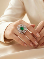Emerald Crown Ring | Green Stone Statement | Silver Plated