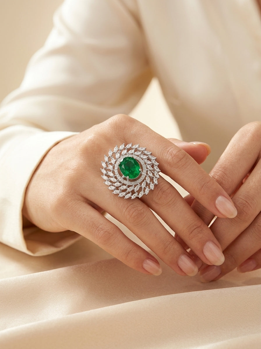 Emerald Crown Ring | Green Stone Statement | Silver Plated