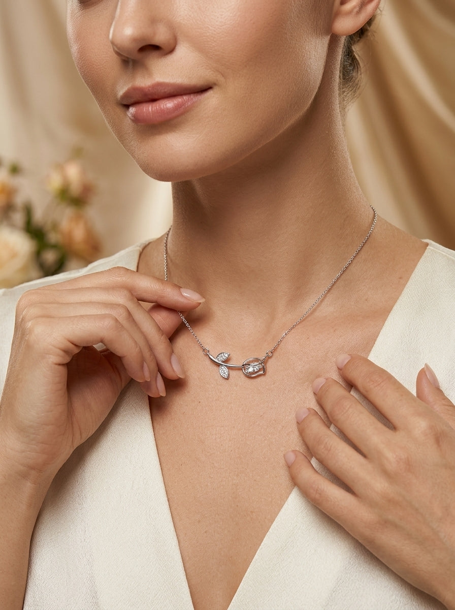 Sleek Lotus Pendant | Diamond Studded | Silver Plated