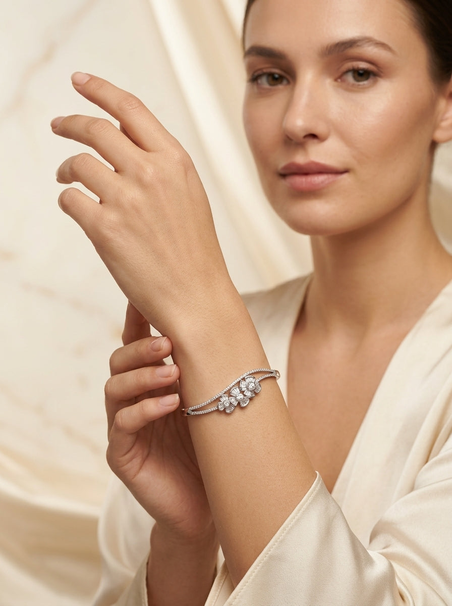 Sophisticated Silver Bangle | Diamond Studded | Wide Profile
