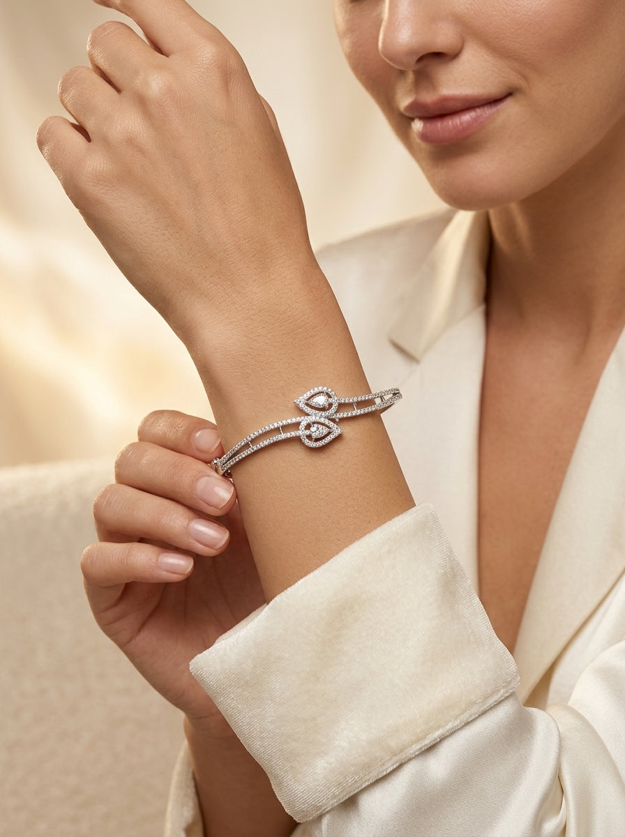 Refined Silver Bangle | Diamond Studded | Sleek Design