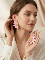 Pink Blossom Heart Earrings | Flower Design | Gold Plated