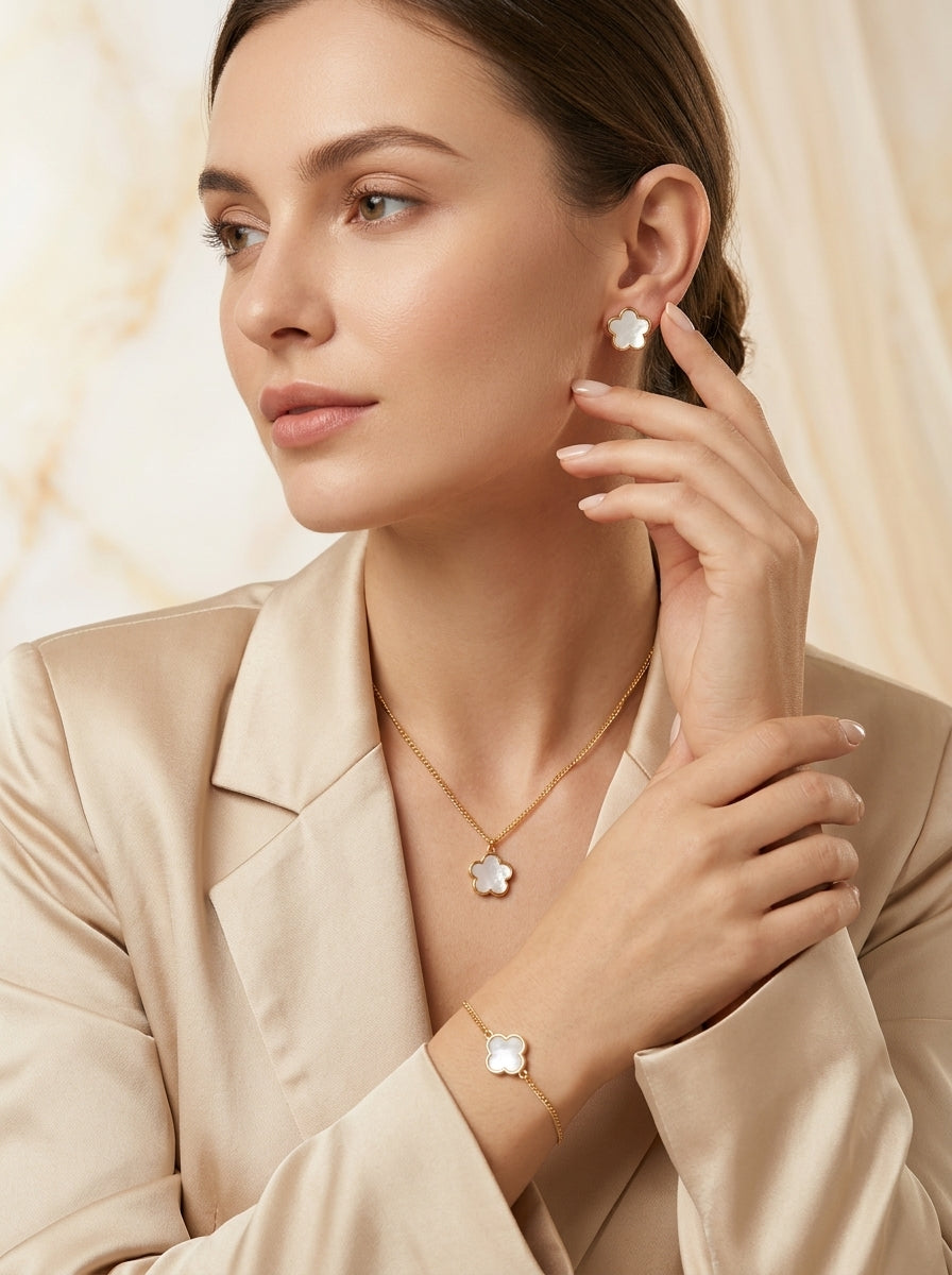 Clover Trio Set | Pendant, Earrings & Bracelet | Gold Plated