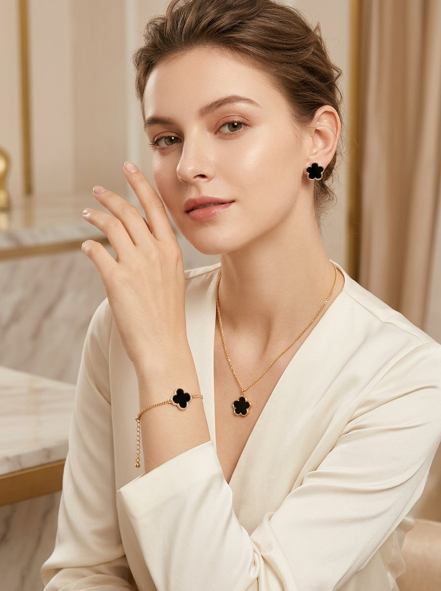 Black Clover Trio Set | Pendant, Earrings & Bracelet | Silver Plated