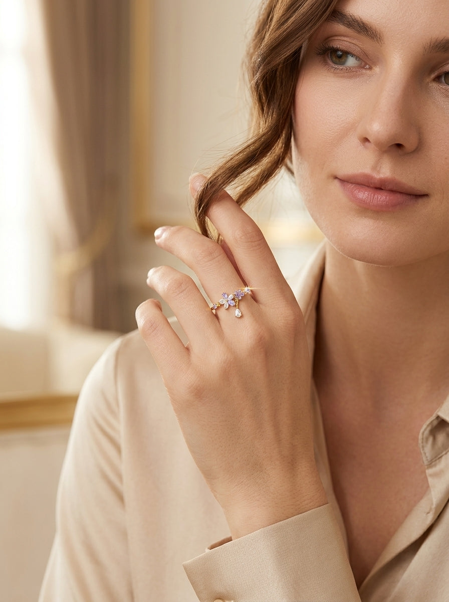 Radiant Lavender Dew Ring | Diamond Studded | Gold Plated
