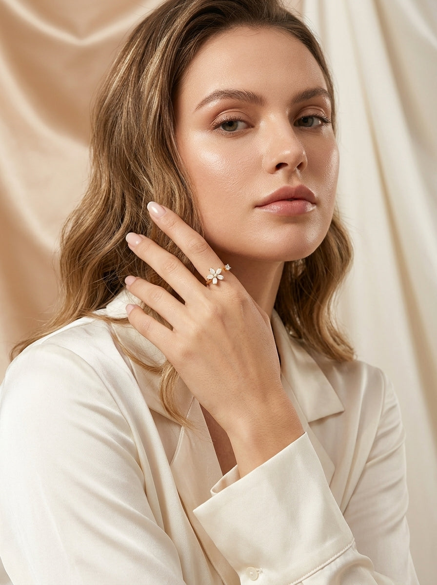 Moonlight Bloom Ring | Diamond Studded | Gold Plated
