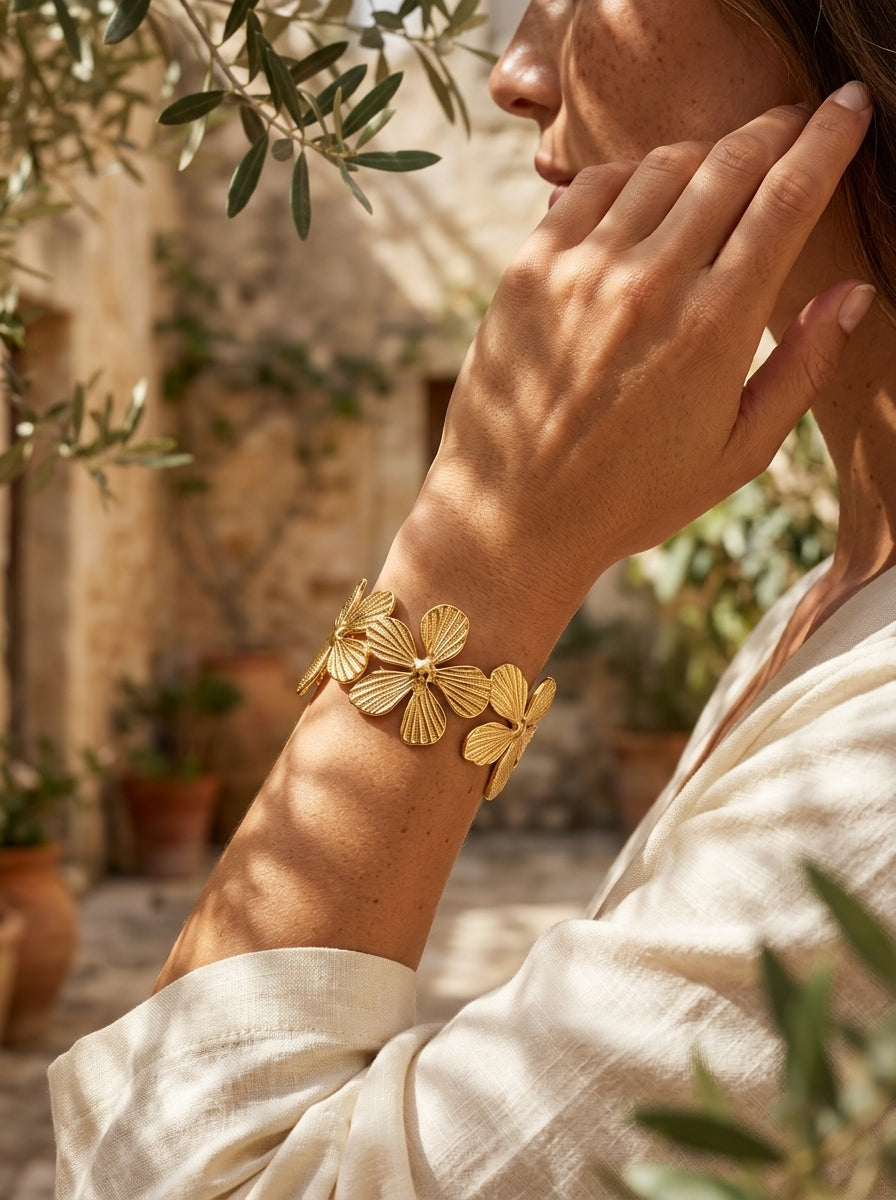 Blooming Garden Cuff Bracelet | Anti-Tarnish Gold Plated | Floral Design