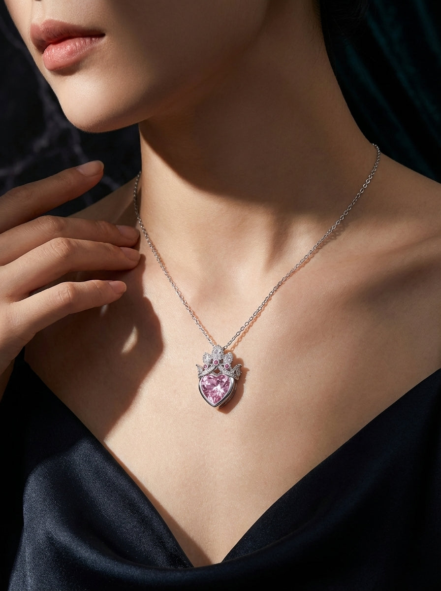 Crown of Hearts Pendant | Pink Stone Accent | Anti-Tarnish Gold Plated