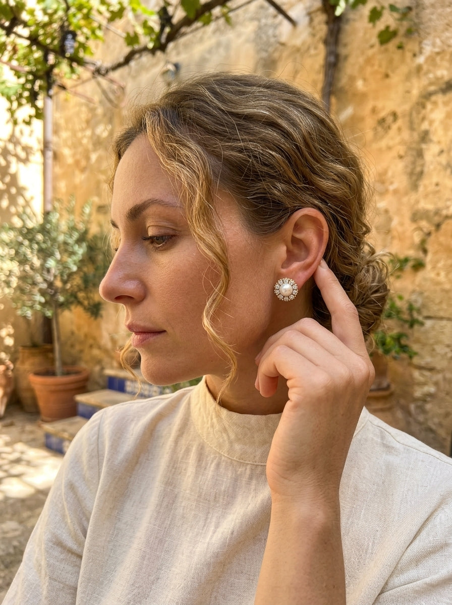 Celestial Pearl Drop Earrings | Diamond & Pearl Studded | Gold Plated