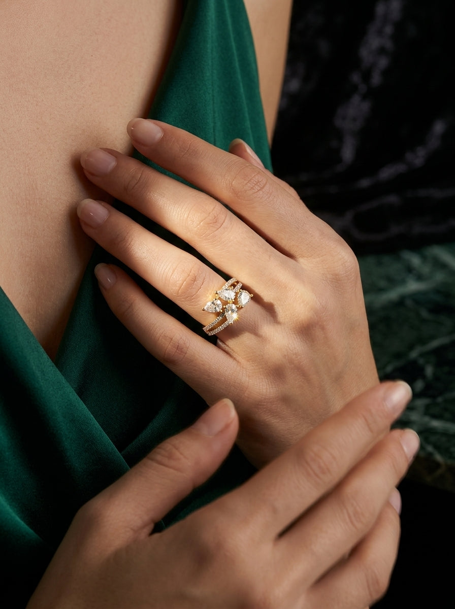 Radiance Square Ring | Diamond Studded | Adjustable Gold Plated
