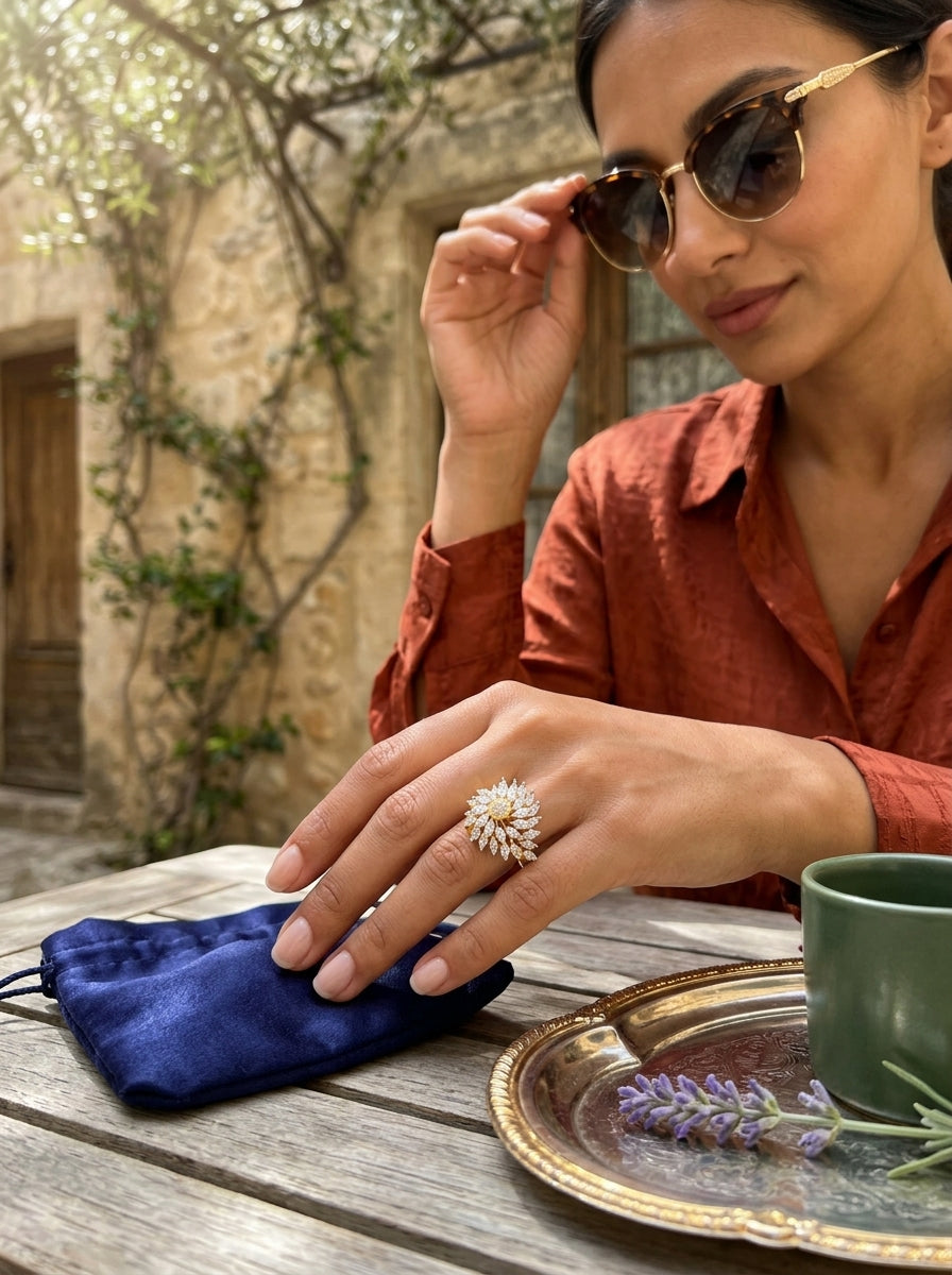 Imperial Statement Ring | Oversized Diamond Studded | Gold Plated