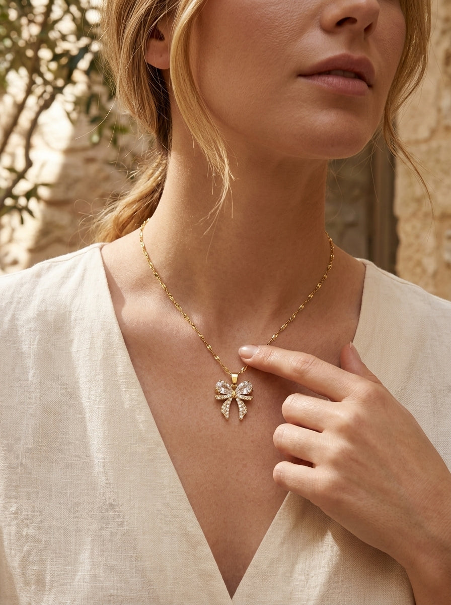 Enchanted Bow Pendant | Diamond Studded | Adjustable Gold Chain