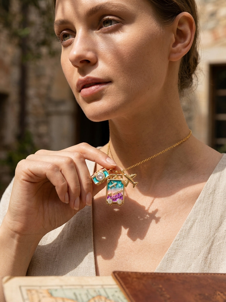 Wanderlust Travel Pendant | Colored Diamond Studded | Adjustable Chain