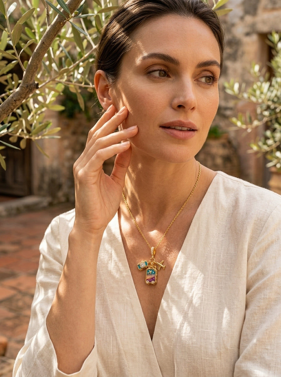 Wanderlust Travel Pendant | Colored Diamond Studded | Adjustable Chain