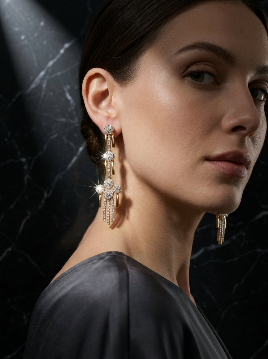 Cascade Elegance Earrings | Diamond Studded | Gold Plated Danglers