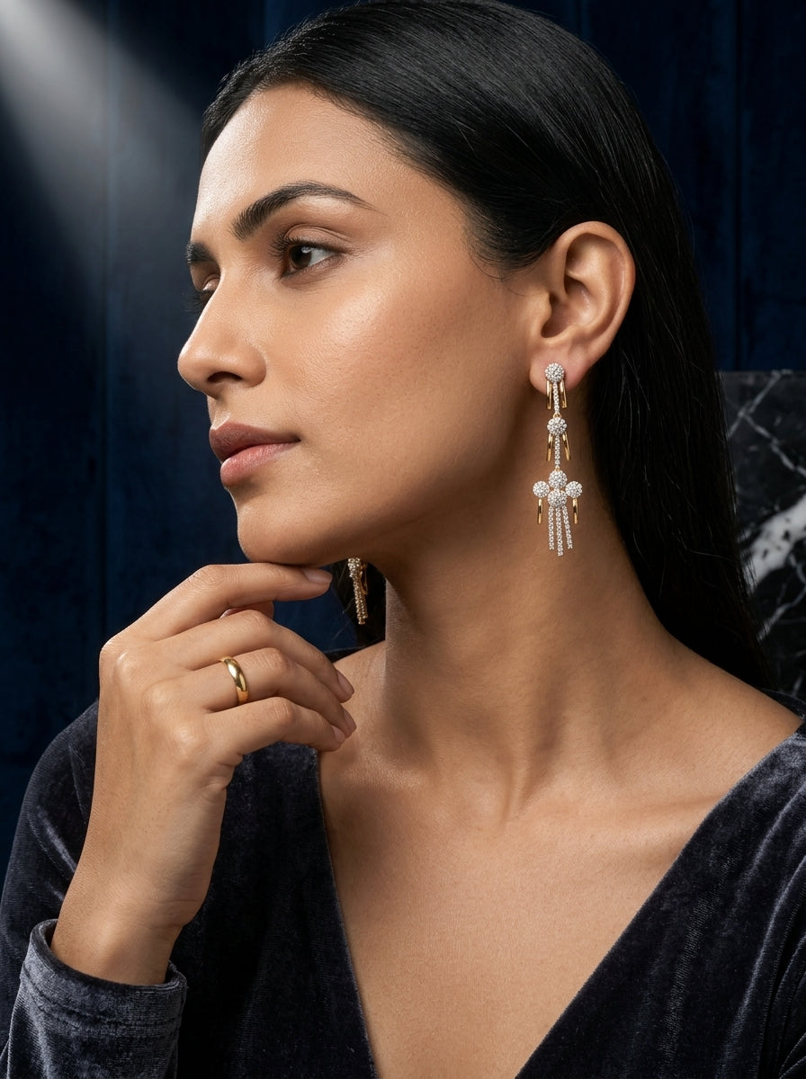 Cascade Elegance Earrings | Diamond Studded | Gold Plated Danglers