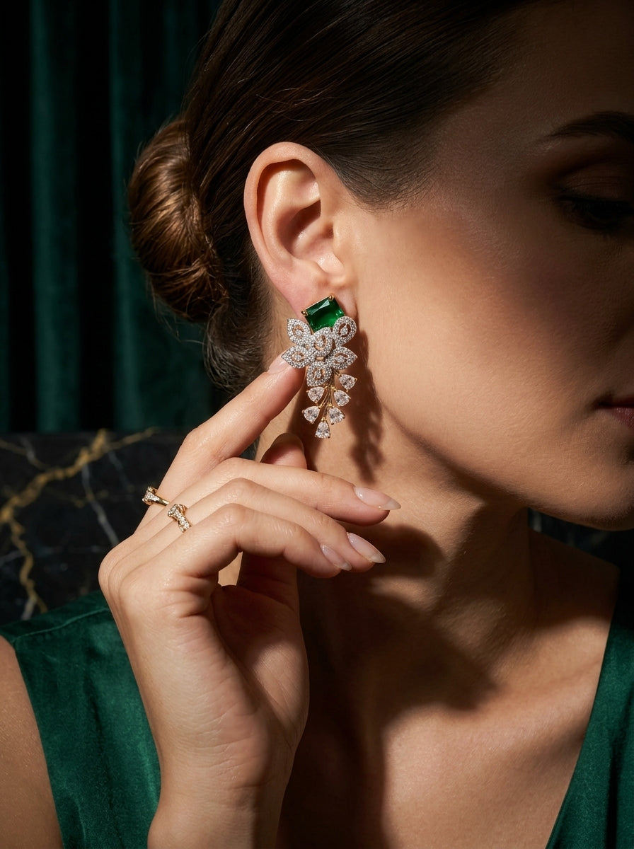 Emerald Garden Studs | Green Stone & Diamond | Gold Plated