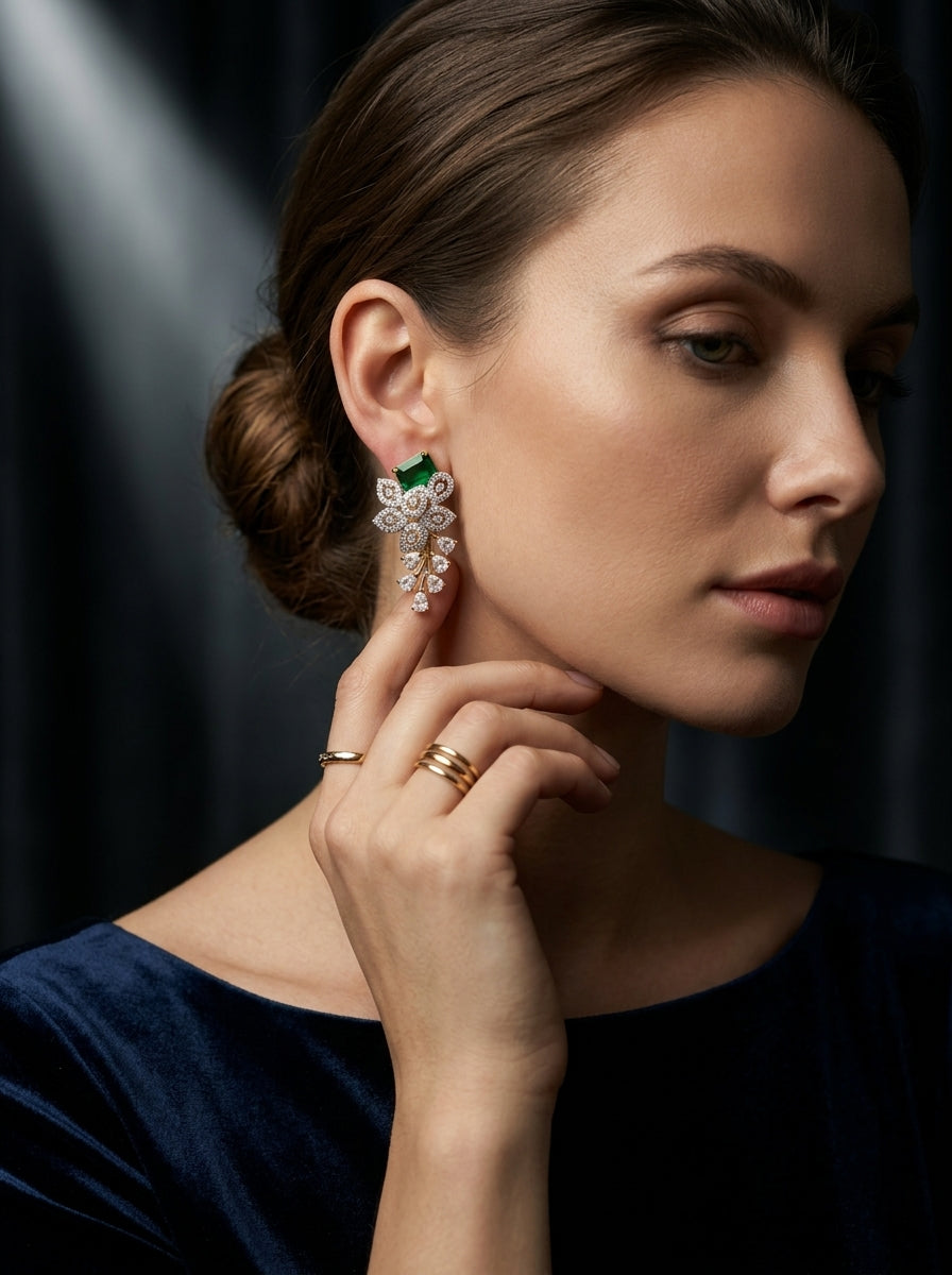 Emerald Garden Studs | Green Stone & Diamond | Gold Plated