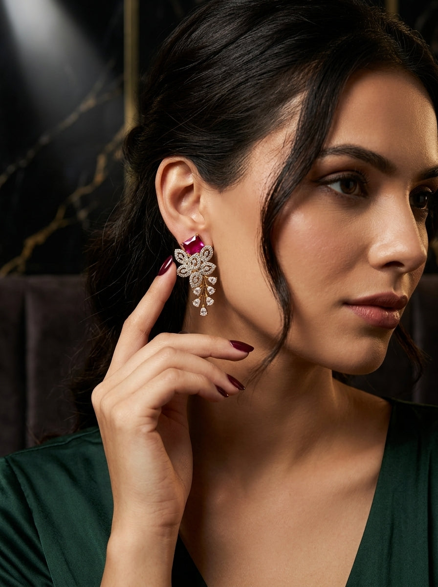 Blush Romance Studs | Pink Stone & Diamond | Gold Plated