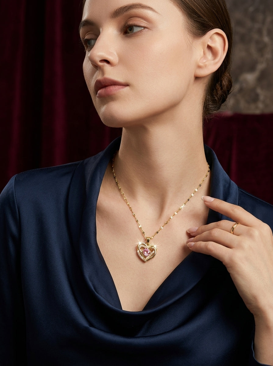 Blush Heartstone Pendant | Diamond Studded | Adjustable Gold Chain