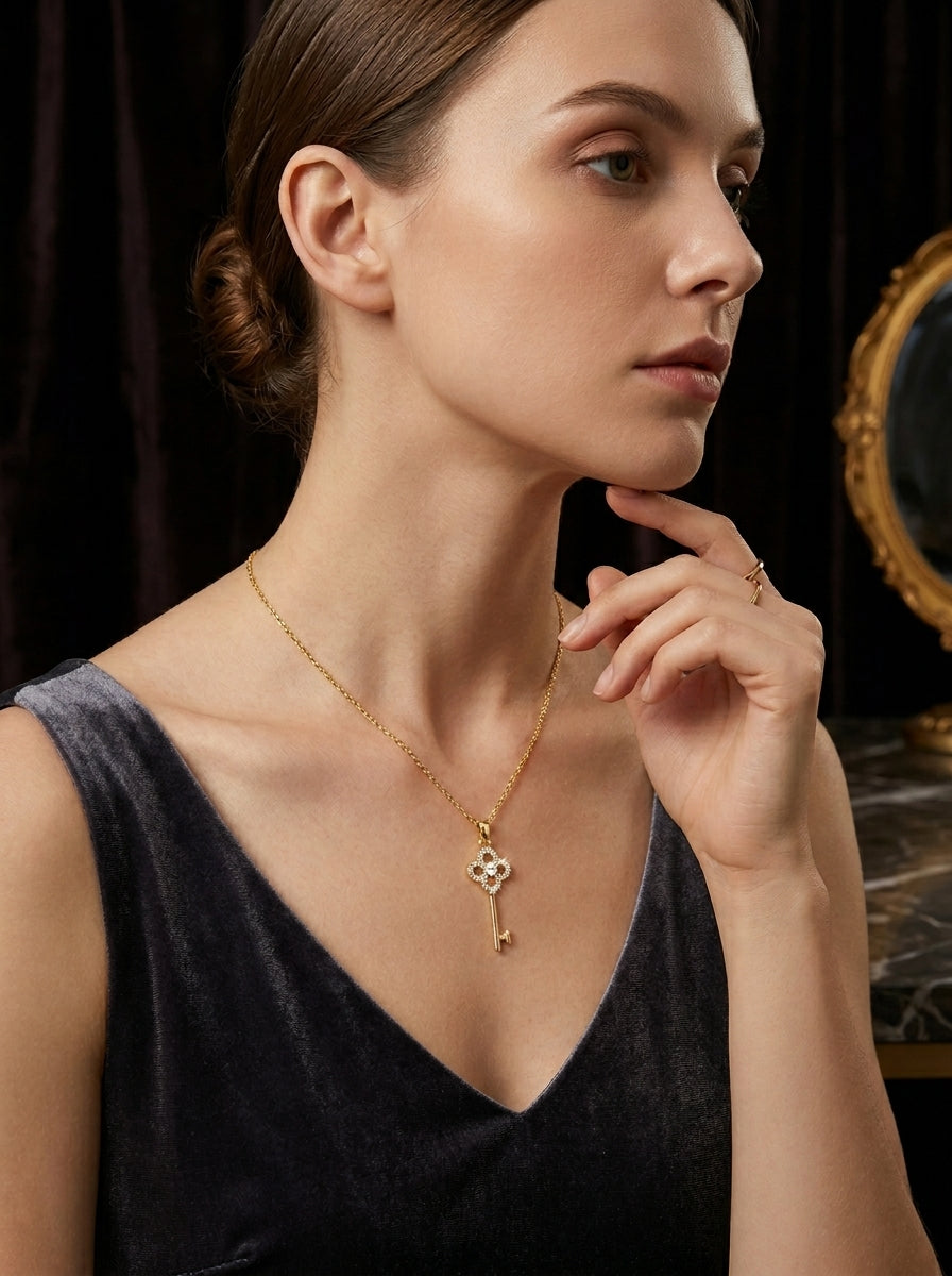 The Clover Key Pendant | Diamond Studded | Adjustable Gold Chain