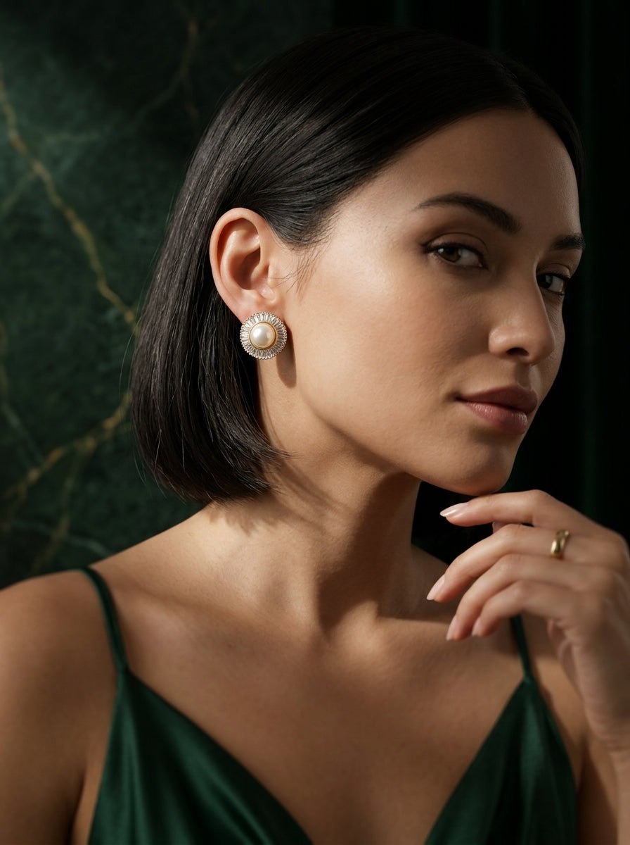 Luminous Pearl & Diamond Studs | Gold Plated
