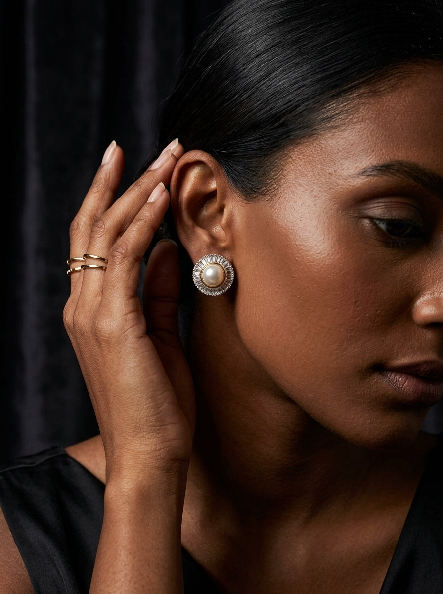 Luminous Pearl & Diamond Studs | Gold Plated