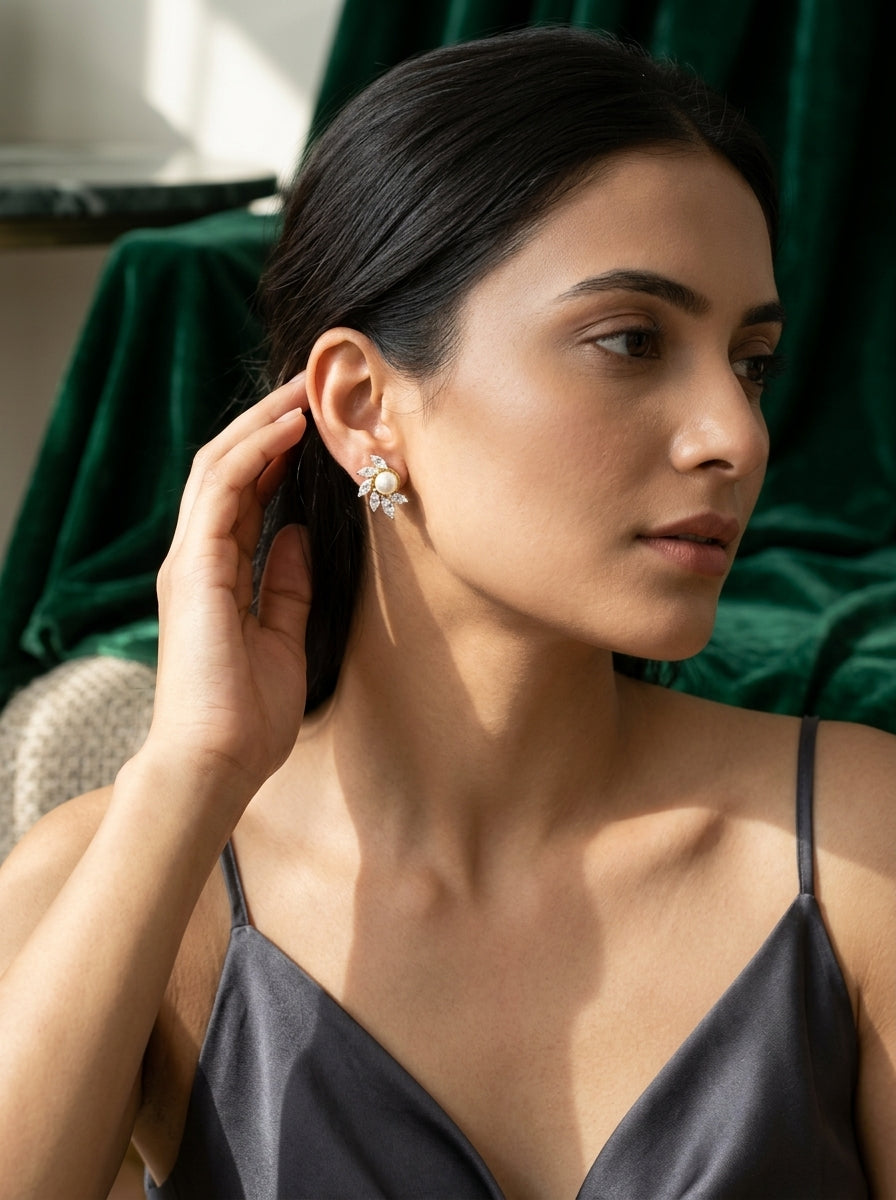 Oval Pearl Drop Studs | Diamond & Pearl | Gold Plated