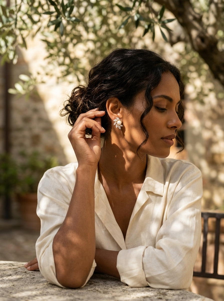 Oval Pearl Drop Studs | Diamond & Pearl | Gold Plated