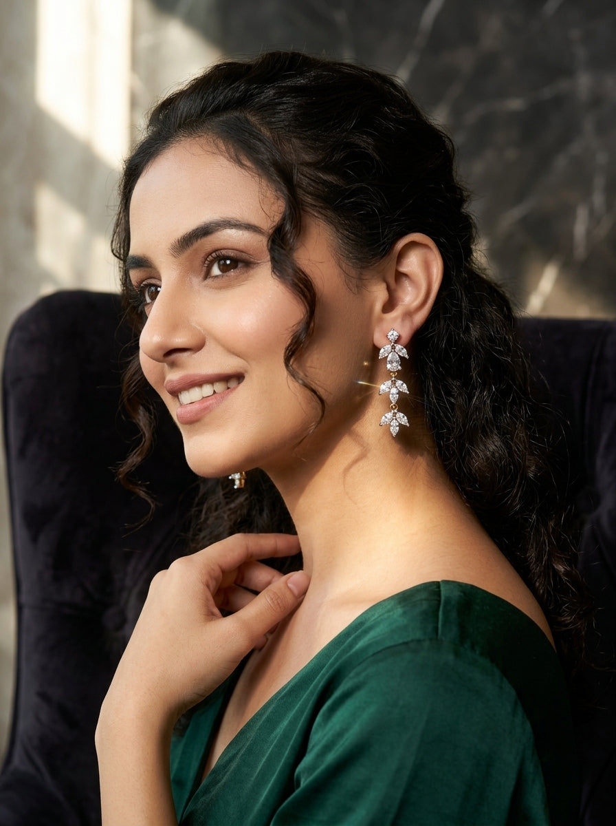 Contemporary Linear Earrings | Diamond Studded | Gold Plated