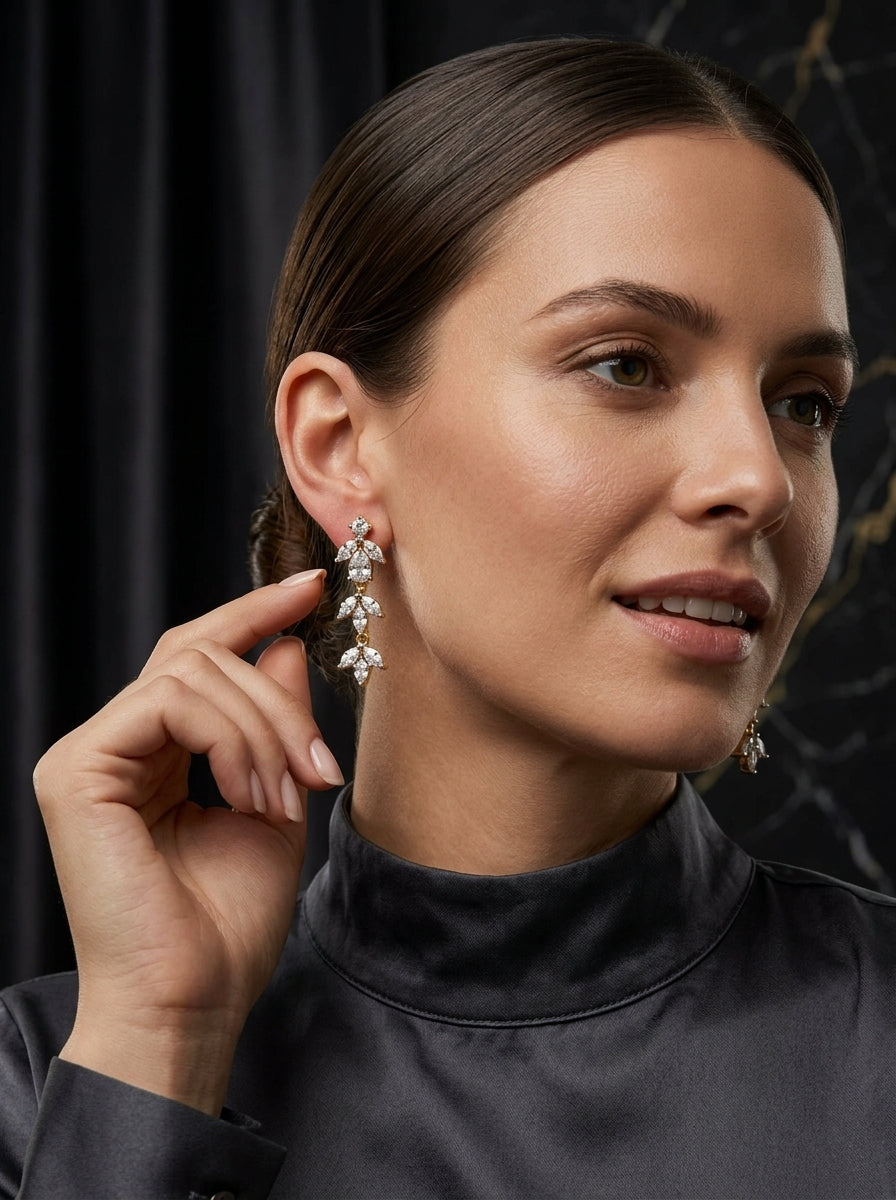 Contemporary Linear Earrings | Diamond Studded | Gold Plated